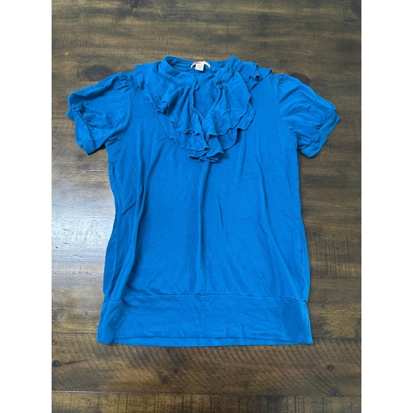 Forever 21 Tops - Vintage Forever 21 Teal Blue Ruffle Neck Blouse Short Sleeve Knit Top Medium Y2K